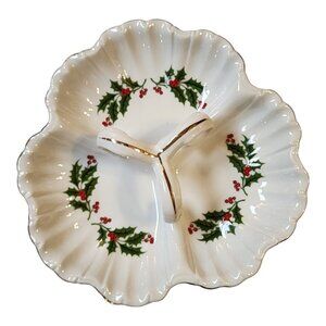 ALL THE TRIMMINGS Christmas Holly 3 Section Divided Holiday VTG Serving Dish